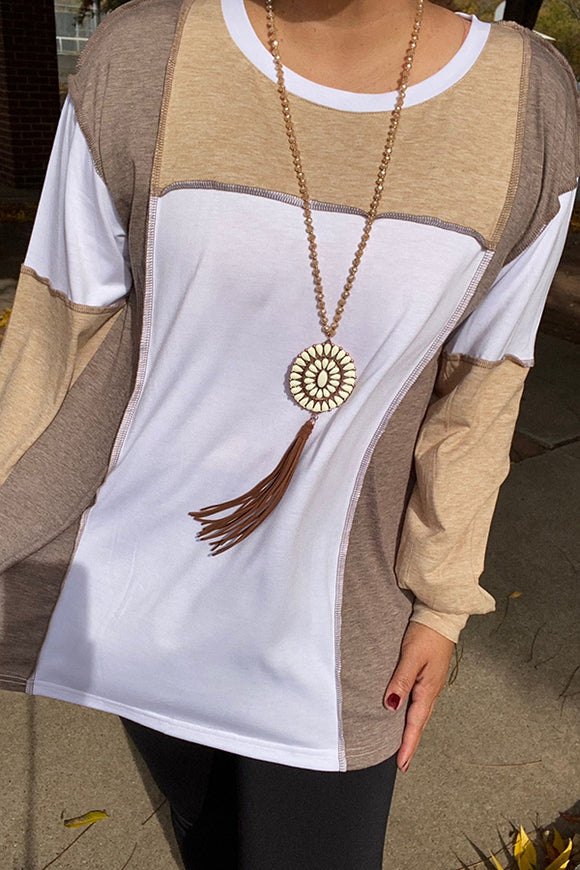 XCH14130 White & Camel blocked long sleeve top