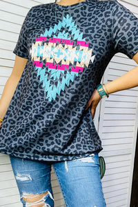 XCH14182 Aztec & leopard printed short sleeve women top