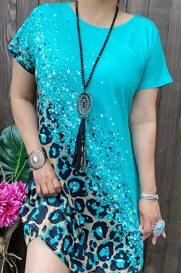 XCH14262 Leopard printed & Blue short sleeve women dress w/pockets