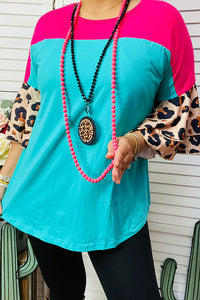 XCH14269 Pink & Turquoise & Leopard color block women top with bell sleeve (FS4)