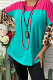 XCH14269 Pink & Turquoise & Leopard color block women top with bell sleeve
