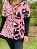 XCH14273 Half pink leopard printed black long sleeve women top (ES4)