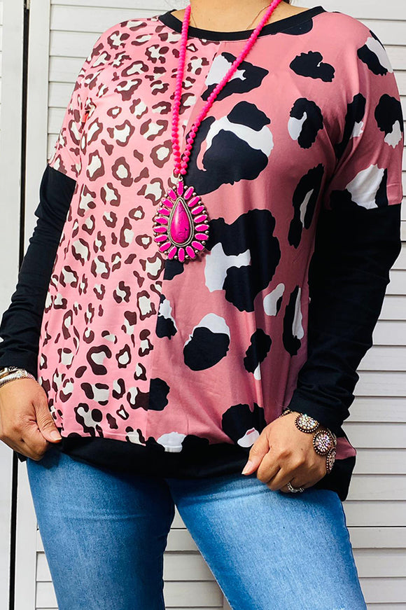 Half pink leopard printed black long sleeve women top XCH14273