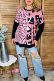 Plus size western Half pink leopard printed black long sleeve women top XCH14273 (IS21)