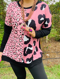 XCH14273 Half pink leopard printed black long sleeve women top (ES4)