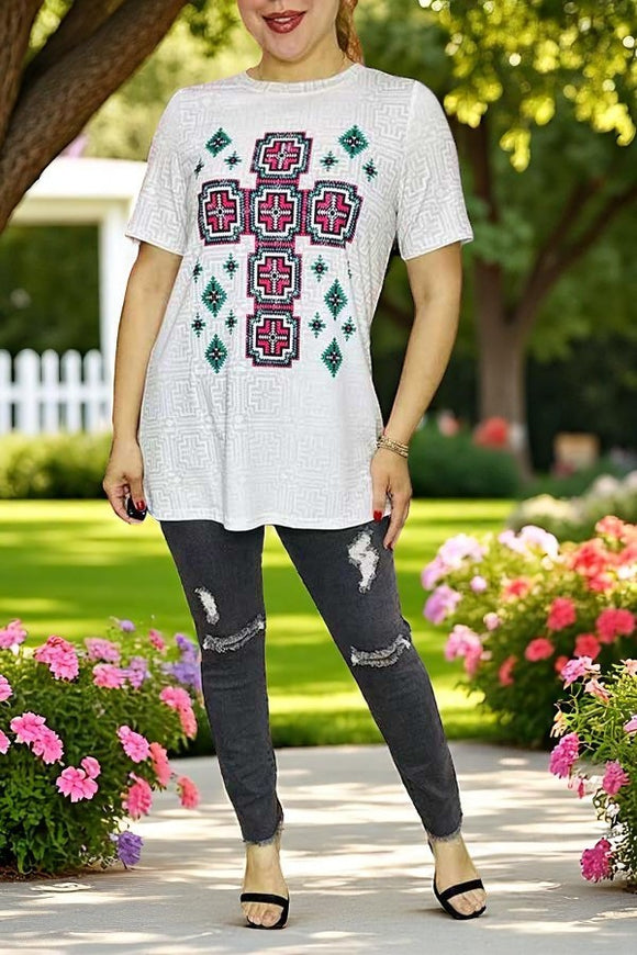 Southern women's clothing suppliers Turquoise & Pink Aztec printed short sleeve top XCH14333 (AS11)