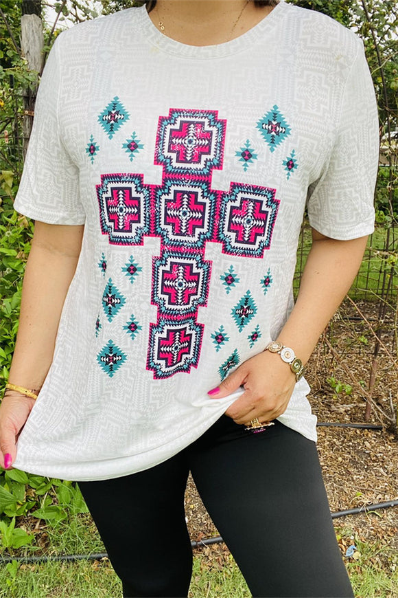 XCH14333 Turquoise & Pink Aztec printed short sleeve women top (AS11)