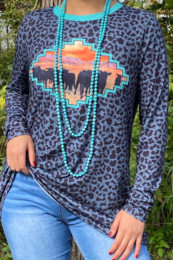 XCH14354 BULL,LEOPARD PRINTED LONG SLEEVE TOP