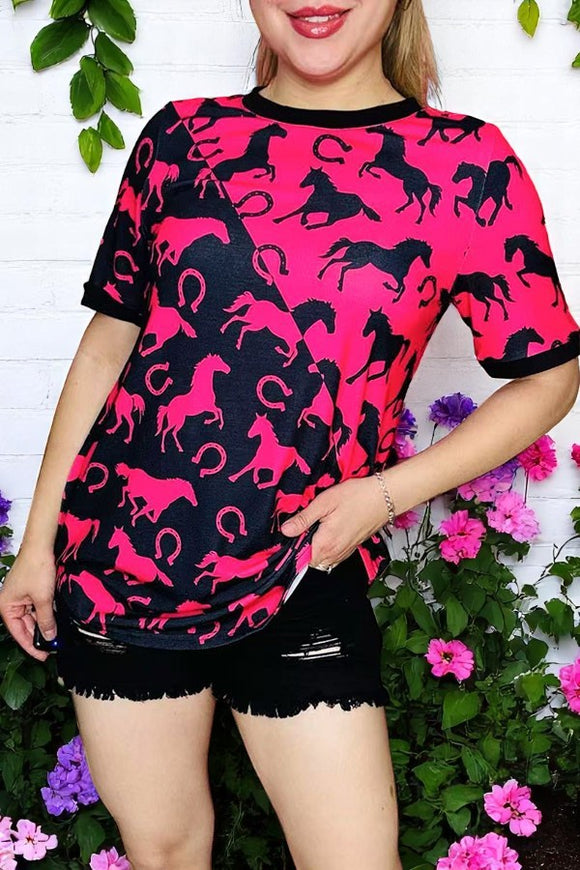 Western women top Half fuchsia & black horse printed w/short sleeves XCH14361 (CS5)