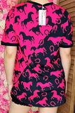 Western women top Half fuchsia & black horse printed w/short sleeves XCH14361 (CS5)