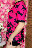 Western women top Half fuchsia & black horse printed w/short sleeves XCH14361 (CS5)