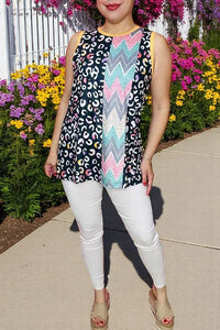Women clothing vendors Multi color leopard color block sleeveless women top XCH14427 (FS1)