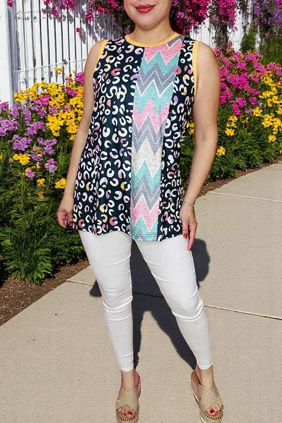 Women clothing vendors Multi color leopard color block sleeveless women top XCH14427 (FS1)
