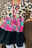 XCH14433 Leopard & Paisley & Black color block short sleeve women top