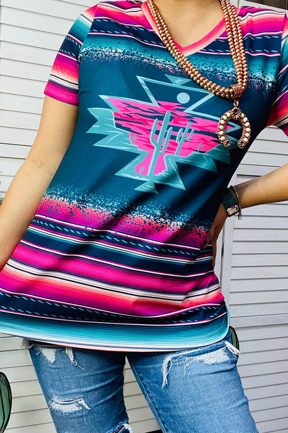 XCH14469 Aztec & Striped printed short sleeve women top