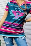 XCH14469 Aztec & Striped printed short sleeve women top