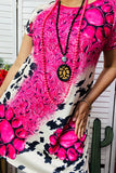 XCH14526 Pink paisley & jewel & cow prints women dress with short sleeve