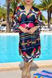 Aztec striped multi color printed 3/4 sleeves slits side cardigan XCH14545 (AS12)