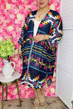Aztec striped multi color printed 3/4 sleeves slits side cardigan XCH14545 (AS12)