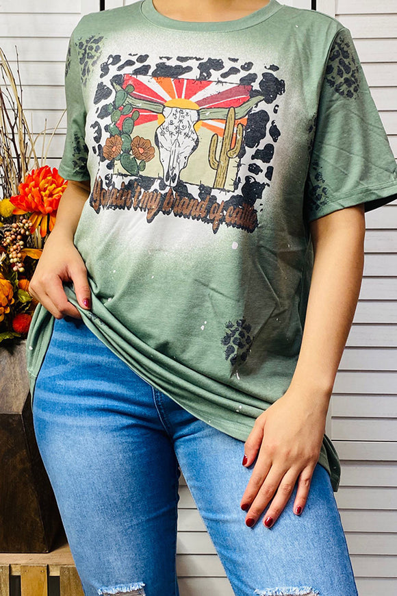 XCH14575 Army green bull & cactus printed short sleeve t-shirt