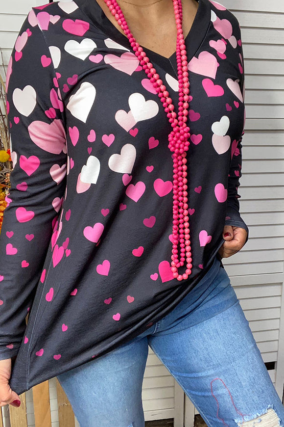 XCH14607 Pink hearts printed long sleeve women top