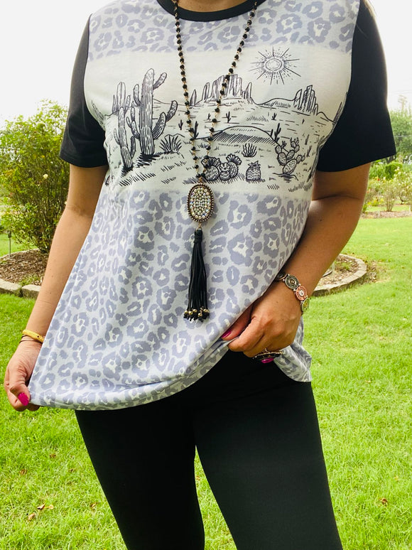 XCH14658 Cactus&leopard black printed short sleeves women T-shirt