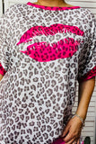 XCH14669 Leopard printed & lips loose fitting short sleeve tops