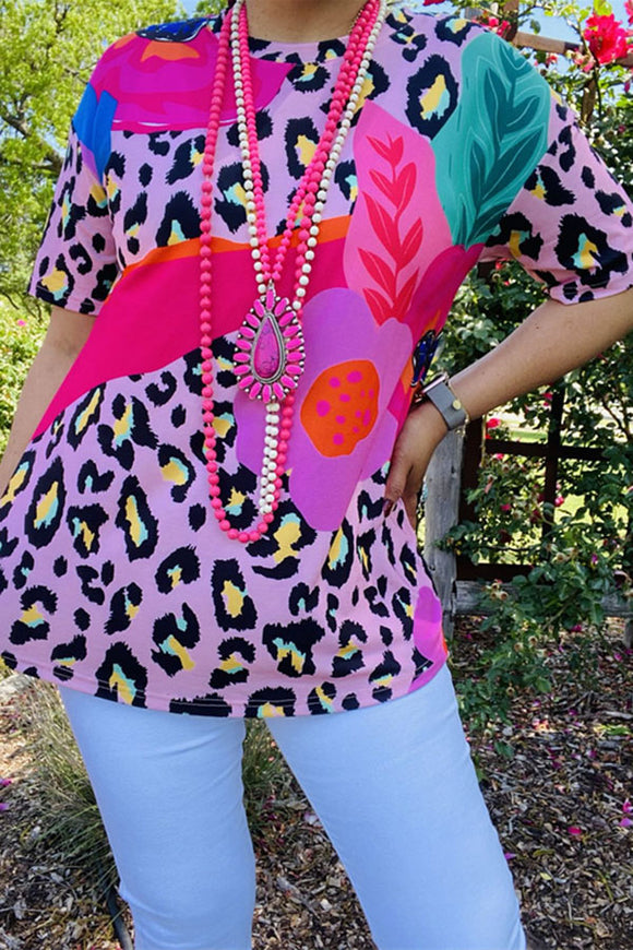 Wholesale Leopard Floral leaf multi color printed short sleeve women tops XCH14670