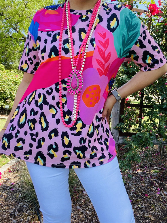 XCH14370 Leopard & Floral leaf multi color printed short sleeve women tops