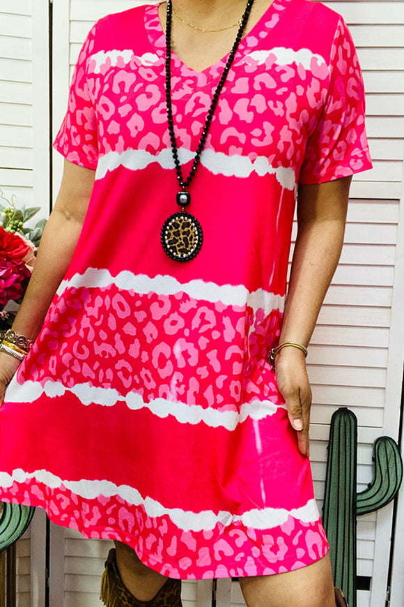 XCH14711 Pink leopard & Red & White color block women dress w/short sleeve