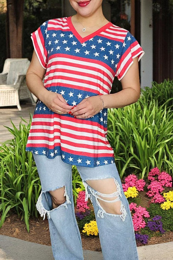 Plus size t-shirt 4th July USA flag star red striped printed short sleeves women tops XCH14727