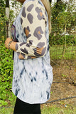 XCH14766 Black white tie dye with leopard 3/4 sleeve & bull printed women top (GS1)