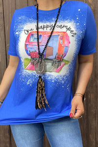 "One happy camper"multi color printed blue fabric short sleeves women top XCH14774