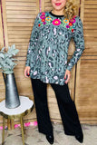 Floral embroidery leopard baby doll long sleeve women bouse XCH14775(CS1)