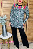 Floral embroidery leopard baby doll long sleeve women bouse XCH14775(CS1)