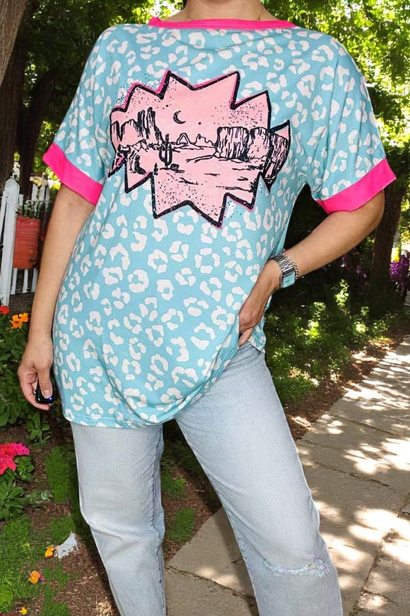 Shop western women's t-shirt Aztec & leopard printed with pink trim short sleeve XCH14827 (GS1)