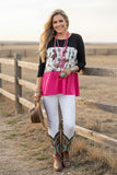 Western prints & black & fuchsia patchwork women's boutique top XCH14831 (AS9)