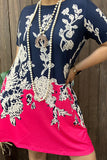XCH14841 Floral prints short sleeve women dress w/pockets