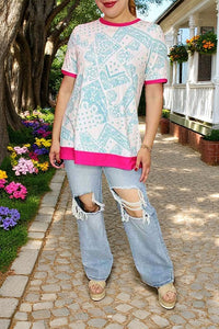 Women's top bulk Paisley printed women top w/pink trim,short sleeve XCH14914 (CS1)