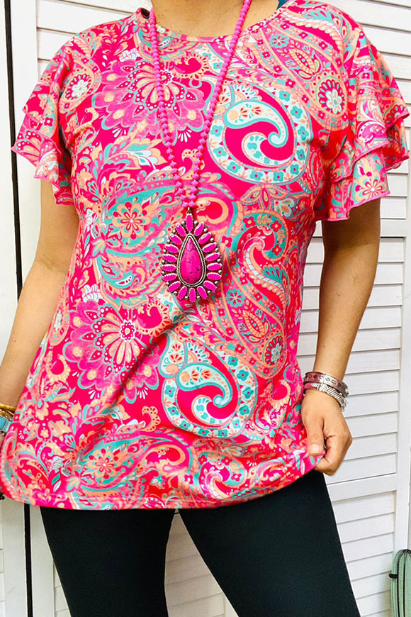 XCH14954 Pink & Turquoise paisley printed short sleeve women top