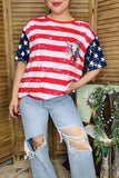 T-shirt wholesale Bull skull printed Red striped & stars & short sleeves women tops XCH14955