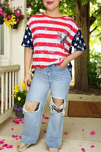 T-shirt wholesale Bull skull printed Red striped & stars & short sleeves women tops XCH14955