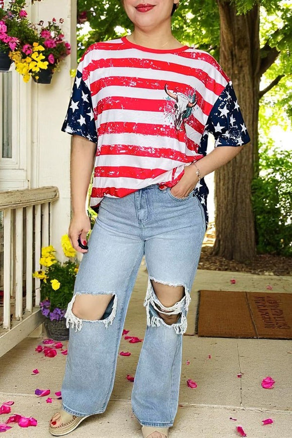 T-shirt wholesale Bull skull printed Red striped & stars & short sleeves women tops XCH14955