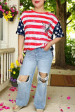 T-shirt wholesale Bull skull printed Red striped & stars & short sleeves women tops XCH14955