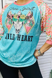 Western turquoise bull skull leopard 3/4 sleeves women's boutique top XCH15000 IS2