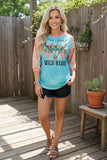 Western turquoise bull skull leopard 3/4 sleeves women's boutique top XCH15000 IS2