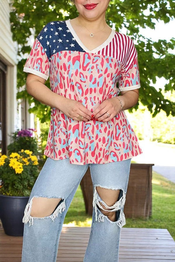 Women's t-shirt wholesale Stars & Striped & Leopard color block w/short sleeve XCH15060