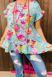 XCH15137 Paisley & Floral print short sleeve women blouse with ruffle (DS3)