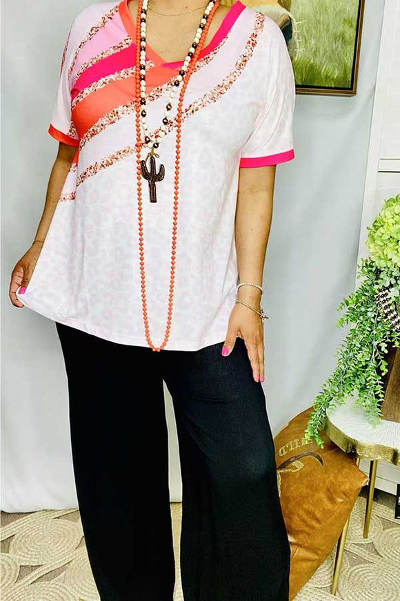 Women's clothing wholesale orange & fuchsia & pink & leopard short sleeve top XCH15138 (ES6)