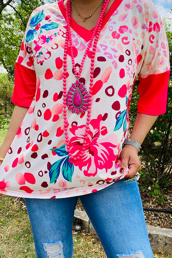 XCH15186 Floral printed w/red short sleeve women top